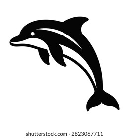 A minimalist black silhouette of a jumping dolphin isolated on a clean white background. Perfect for marine life branding, ocean conservation, and logos.