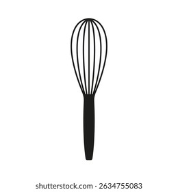 Minimalist black silhouette of a kitchen whisk on a white background, ideal for culinary, baking, or kitchen-related design and branding.