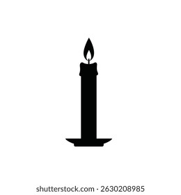 Minimalist black silhouette of a lit candle with a fiery flame on a white background
