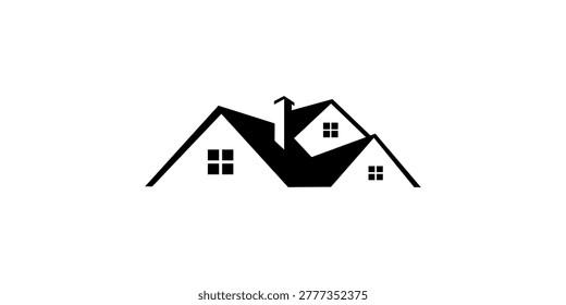 A minimalist black silhouette logo featuring multiple house roofs with distinct windows and a chimney, set against a clean white background, representing real estate, home, or property services.