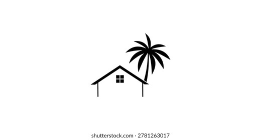 A minimalist black silhouette logo featuring a house with a pitched roof and a window, positioned next to a tall palm tree, symbolizing tropical living, vacation properties, or real estate in a warm climate.