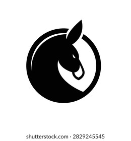 Minimalist black silhouette logo featuring a powerful donkey or horse head with bridle within a circular frame, ideal for branding and equestrian themes.