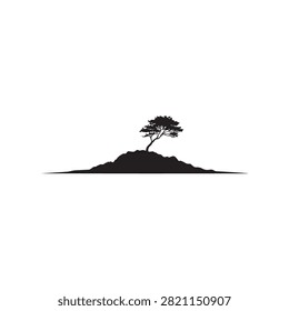 Minimalist black silhouette of a lonely tree standing on a small grassy hill isolated on a white background, for nature projects
