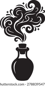 Minimalist Black Silhouette of a Magic Potion Bottle with Swirling Smoke Isolated on White