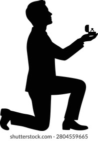 A minimalist black silhouette of a man proposing on one knee while holding an open ring box. This graphic is ideal for wedding invitations, engagement announcements, and romantic marketing materials.
