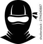 Minimalist black silhouette of a masked ninja warrior face icon