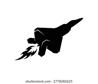 Minimalist black silhouette of a modern fighter jet flying with an engine exhaust flame trail isolated on a clean white background for