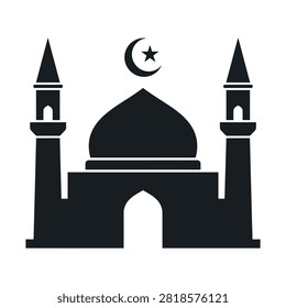 A minimalist black silhouette of a mosque with a central dome, two tall minarets, and an arched entrance, topped with a crescent moon and star symbol. This iconic religious building represents Islamic faith and culture.