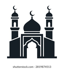 A minimalist black silhouette of a mosque featuring a central dome and two towering minarets, each adorned with a crescent moon symbol, set against a white background.