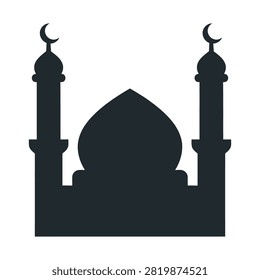Minimalist black silhouette of a mosque, showcasing its iconic dome and two tall minarets topped with crescent moons, representing Islamic architecture.