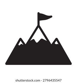 A minimalist black silhouette of a mountain range with a prominent central peak, topped by a flag waving on a pole. The design is clean, bold, and stylized with high contrast against a plain backgroun.