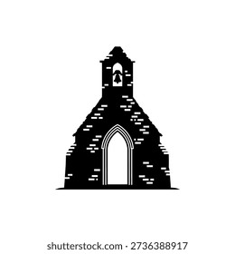 A minimalist black silhouette of an old stone church featuring a prominent bell tower and an arched entrance, set against a clean white background.