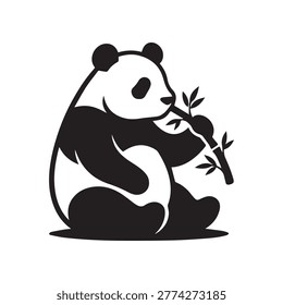 Minimalist black silhouette of panda bear sitting and eating bamboo shoot for wildlife graphics