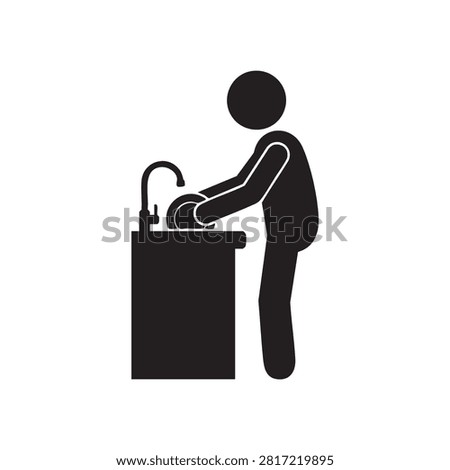 Minimalist black silhouette of person doing dishwashing at kitchen counter. Human figure cleaning plate under water tap for house cleaning routine. Domestic chore symbol representing daily maintenance and hygiene habits. Flat vector graphic of man or woman working in kitchen area for housekeeping.