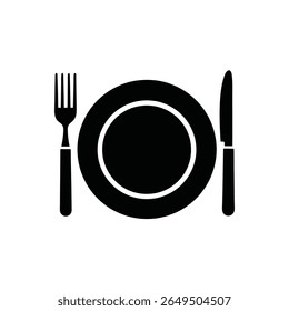 A minimalist black silhouette of a plate with a fork and knife