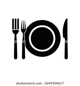 A minimalist black silhouette of a plate with fork and knife