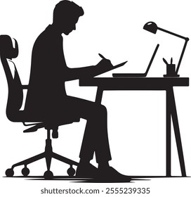 Minimalist Black Silhouette of a Professional Man Working at a Modern Desk
