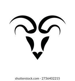 A minimalist black silhouette of a ram's head with curved horns, isolated on white background, simple and bold design