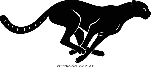 A minimalist black silhouette of a running cheetah, capturing speed and agility, perfect for wildlife, nature, or design projects