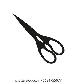 Minimalist black silhouette of scissors with sharp blades and ergonomic handles, isolated on a white background. Perfect for design or educational use.