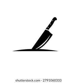 A minimalist black silhouette of a sharp chef's knife cutting into a flat surface, ideal for culinary themes and branding.