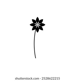 Minimalist black silhouette of a single flower with an elongated stem and symmetrical petals against a white background. The design features simple geometric shapes, offering a clean and modern aesthe