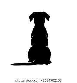 Minimalist black silhouette of a sitting dog, viewed from behind, with its tail extended.