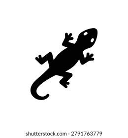 Minimalist black silhouette of a small lizard crawling, isolated on a white background, representing a reptile with a long tail and four legs, simple flat shape for nature