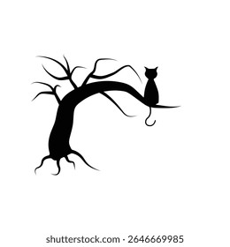 A minimalist black silhouette of a spooky, gnarled tree with a sleek black cat perched on one of its branches against a stark white background.