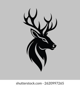 Minimalist Black Silhouette Of Stag Head Against White Background