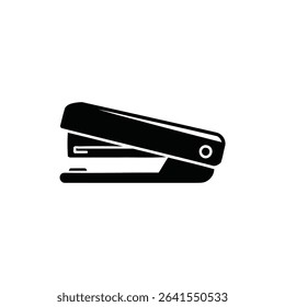 Minimalist black silhouette of a stapler isolated against a white background. Depicting a common office supply in a simple yet clear and modern style.