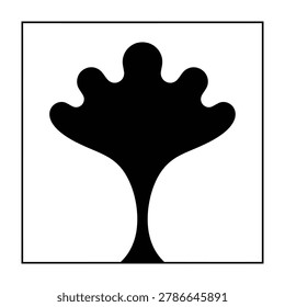 A minimalist black silhouette of a stylized tree shape featuring a rounded crown and a slender trunk isolated on a clean white square background for simple design.