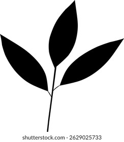 Minimalist Black Silhouette of Three Leaves Branch. Simple Botanical Vector Illustration, Perfect for Nature-Themed Designs, Logos, Organic Packaging, Eco Branding, and Decorative Prints. 
