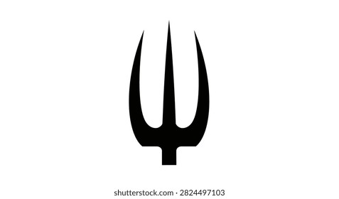 A minimalist black silhouette of a three pronged trident weapon isolated on a plain background representing mythological power