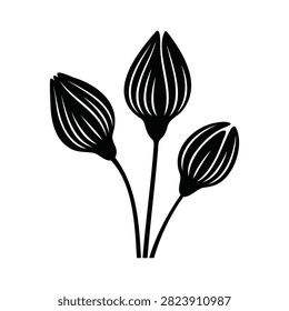 Minimalist black silhouette of three stylized flower buds or seed pods on stems isolated on a white background.