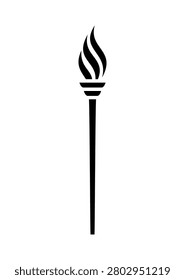 A minimalist black silhouette of a torch with a stylized flame, depicted vertically on a clean white background, representing light and knowledge.