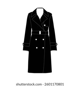 Minimalist black silhouette of a women’s trench coat, perfect for fashion branding, digital design, and apparel concepts. A timeless outerwear illustration ideal for modern and elegant clothing visual
