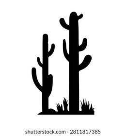 Minimalist black silhouette of two cacti with grass at their base, set against a plain background, emphasizing desert flora and arid environment.