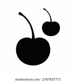 Minimalist black silhouette of two cherries with stems isolated on a white background.
