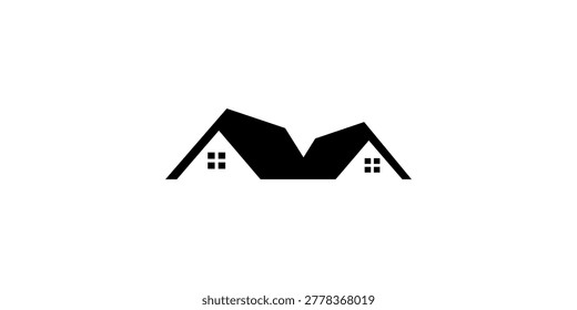 A minimalist black silhouette of two interconnected house roofs with small windows, forming a distinctive 'M' shape, set against a clean white background, ideal for real estate branding.