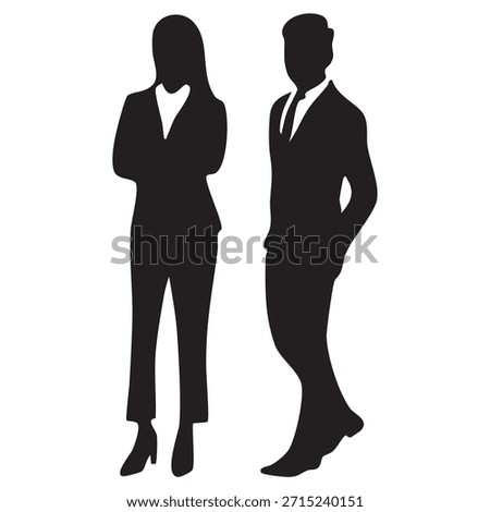 Minimalist black silhouette of two professionals in suits, symbolizing corporate elegance, workplace equality, and business confidence.