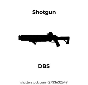 Ein minimalistischer schwarzer Silhouettenvektor einer DBS DP-12 Bullpup-Schrotflinte, ausgestattet mit einem roten Punktvisier und einem abgewinkelten Vordergrund. 