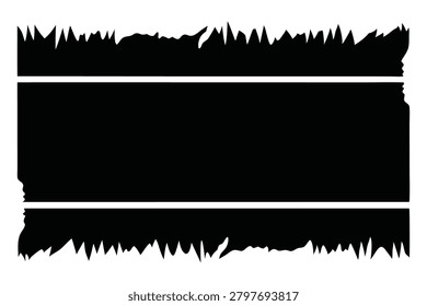 A minimalist black silhouette vector graphic depicting a bold horizontal banner with highly detailed jagged edges mimicking ripped paper or wild grass. The design features clean geometric separation lines creating a stark contrast against the clean white background.