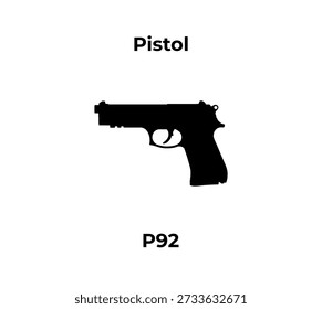 A minimalist black silhouette vector icon of a P92 semi-automatic pistol isolated on a white background.
