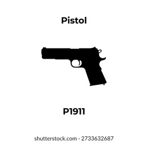 Um ícone vetorial de silhueta preta minimalista representando uma pistola semiautomática P1911, isolada em um fundo branco com etiquetas de texto de identificação.