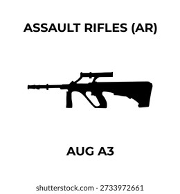 A minimalist black silhouette vector icon of a Steyr AUG A3 assault rifle, featuring its distinct bullpup design and integrated optic, centered on a white background with bold text labels.