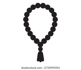 Un ícono de Vector de silueta negra minimalista de cuentas de oración Tasbih, dispuestas en un bucle ovalado liso con una borla en la base, sobre un fondo blanco. El diseño presenta cuentas circulares espaciadas uniformemente y un contorno limpio y audaz, que simboliza la devoción islámica y el dhikr (recuerdo de Dios). Ideal para uso religioso, cultural o educativo en medios digitales, impresos o señalización.