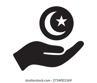 Un ícono de Vector de silueta negra minimalista de una mano que ofrece una moneda marcada con una luna creciente y una estrella, sobre un fondo blanco. El diseño simboliza donaciones caritativas islámicas como Zakat y Sadaqah, que representan la generosidad, la compasión y la fe. Ideal para su uso en contextos de diseño religiosos, culturales o sin fines de lucro en plataformas impresas y digitales.