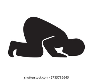 Un ícono de Vector minimalista de silueta negra de un hombre musulmán que realiza sajdah (postración) durante la oración, sobre un fondo blanco. La figura se muestra arrodillada con la frente tocando el suelo, los brazos y las piernas doblados en la postura tradicional de salah. Este icono simboliza la devoción y la espiritualidad, ideal para el diseño religioso, cultural o educativo en formatos impresos y digitales.