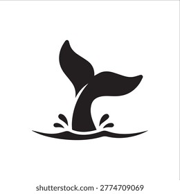 Minimalist black silhouette vector icon of a whale tail splashing in the water isolated on white background for marine life